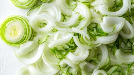 A close-up overhead shot of thinly sliced zucchini on a white background.