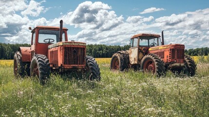 Naklejka premium Rusty vintage tractors parked in a field overgrown with grass.