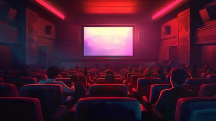Fototapeta premium People are gathered in a cozy theater, enjoying a film on the large screen while seated in comfortable chairs, creating a lively experience. Generative AI