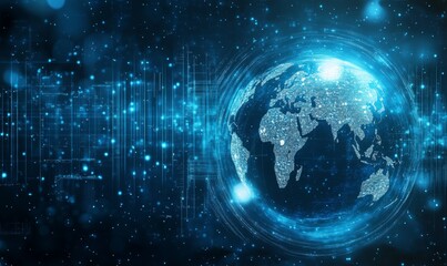 Obraz premium Digital world map planet Earth space global globe sky space 5G wireless network AI big data communication pathways science technology web internet connection transmission cyber cloud computing online
