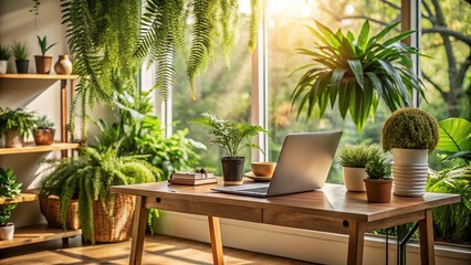Fototapeta premium Remote Work Trend: Botanical-Themed Home Office Spaces with Generative AI Technology