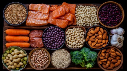 A selection of healthy foods, including salmon, carrots, almonds, broccoli, and beans, arranged on a wooden tray.