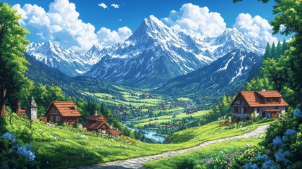 Obraz premium Pixel art game asset of a quaint cottage nestled at the foot of a towering snow-capped mountain range overlooking a serene valley filled with lush greenery and a winding river