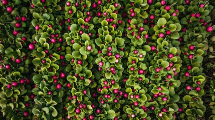 Obraz premium Drone shot of a massive radish field with green tops and red radishes creating a colorful, segmented pattern