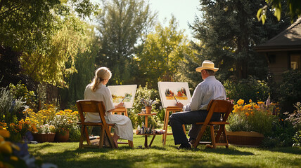 Creating art in serene garden setting, man and woman sit side by side, painting vibrant landscapes. lush greenery and colorful flowers enhance their creative atmosphere