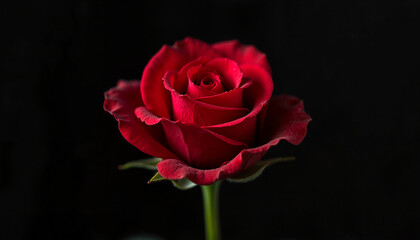 Vibrant red rose blooming against dark background