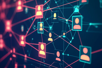 Abstract digital network with human figures exchanging information across screens