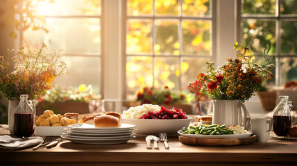 A beautifully arranged dining table filled with delicious food, including mashed potatoes, green beans, and vibrant flowers, creates warm and inviting atmosphere perfect for gatherings