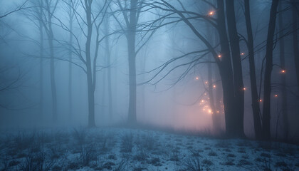 Ethereal mist swirls around twinkling trees, casting an eerie gloom over the frosty forest floor, veiled in a chilling veil of cold fog on a winter morning.