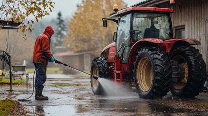 A worker washing down a tractor with a pressure washer in a yard.