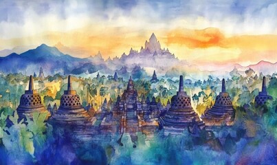 Watercolor Borobudur Temple at Yogyakarta Java Indonesia. Borobudur Temple is one of the most visited temple in Indonesia
