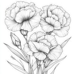 Carnation ink and pencil line drawing, isolated on white background