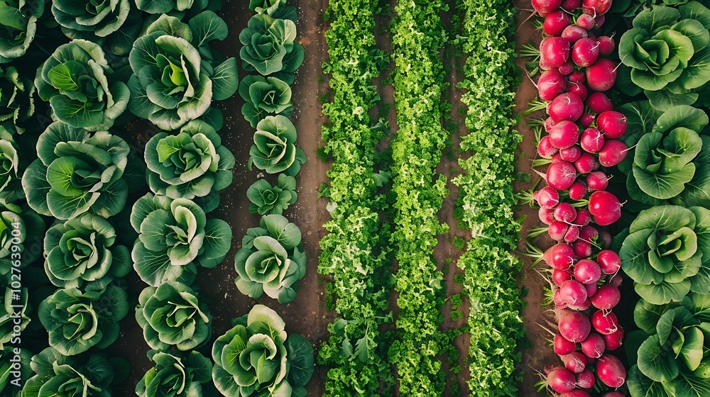 Poster drone shot of a massive radish field with green tops and red radishes creating a colorful, segmented