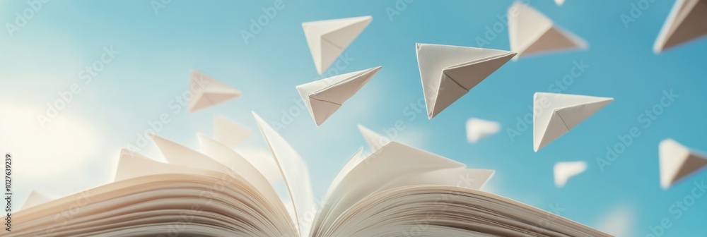 Aufkleber ideas in motion, a whimsical scene of paper airplanes soaring from an open book, representing the fr