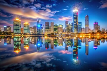 Fototapeta premium Stunning City Skyline Reflected in Water at Night - Low Light Photography