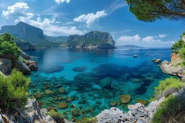 A body of water surrounded by rocks and trees