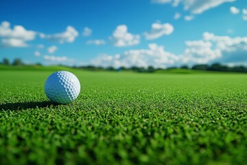 Obraz premium A single white golf ball resting on a lush green fairway with a blue sky and fluffy clouds in the background.