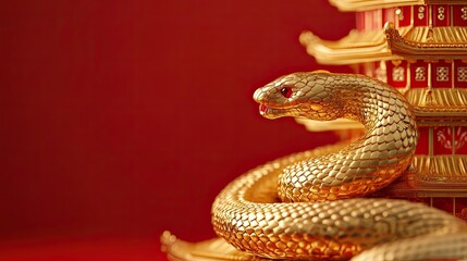 Fototapeta premium Golden Snake Coiled Around a Red and Gold Pagoda