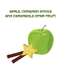 Vector illustration of green apple, cinnamon and carambola (star fruit) with inscription, isolated on white. Design of flat fruit card for dietary nutrition, healthy food, recipe book, website, print