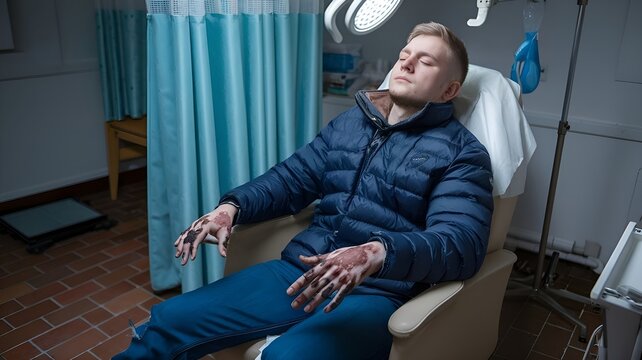 Man in hospital with frostbite hands, serious emotion, medical environment, copy space