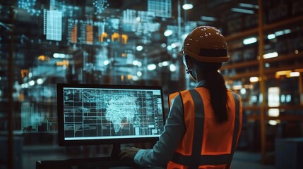 A female engineer wearing a hardhat and safety vest uses a computer in a high tech industrial warehouse, monitoring data projected on a large screen.