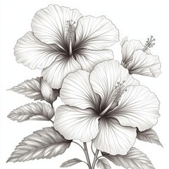Hibiscus ink and pencil line drawing flower, isolated on white background