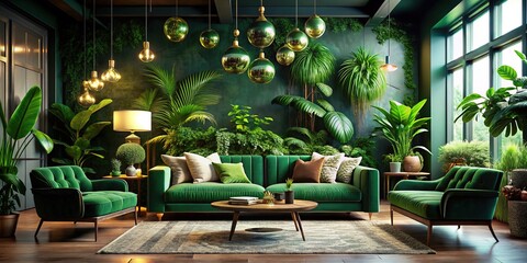 Obraz premium Surreal Modern Living Room with Green Velvet Sofa and Indoor Plants