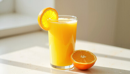 Fresh orange juice glass with fruit slice on sunny windowsill