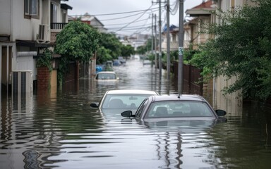 severe flooding, flooded street with cars. Natural disasters. Flooding