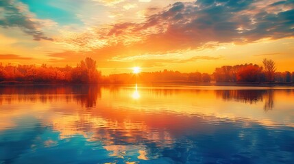 The sky is painted with vibrant colors as the sun sets, creating a beautiful reflection on the tranquil water. Generative AI