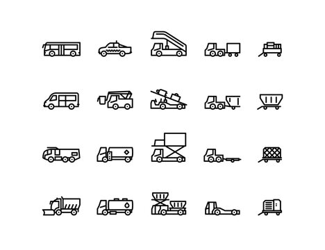 Airport Airside Vehicles Icons: Vector Set of Mobile Stairs, Baggage Carts, Pushback Tug, Belt Loader, Cargo Loader, Passenger Bus and more