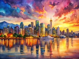 Fototapeta premium Vancouver Travel Watercolor Painting with Long Exposure Effects for Scenic Views and Urban Landscapes