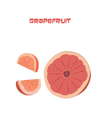 Vector illustration of half and sliced grapefruit isolated on white. Flat fruit card with Strawberry inscription for cookbook, course, training, site, print. Vegetarianism, fruit diet, organic food