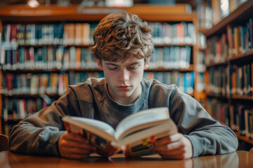 Caucasian Male Student Reading Book in University Library