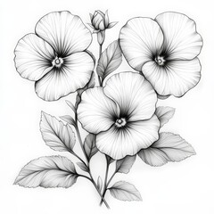 Pansy ink and pencil line drawing flower, isolated on white background