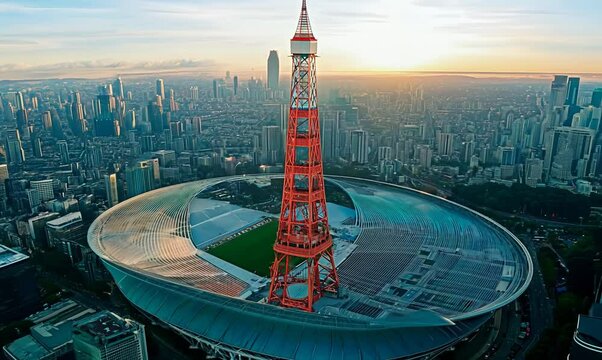 Tokyo Olympic Venues Drone Shot with City Skyline