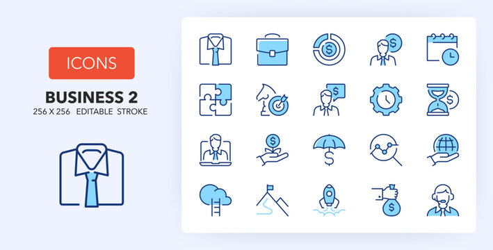 Line icons about business people and corporate management. Contains such icons as startup, goal, strategy and more. 256x256 Pixel Perfect editable in two colors. Set 2 of 2