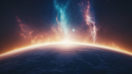 Obraz premium Solar storm approaching Earth, charged particles hitting the magnetic field, glowing auroras