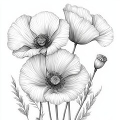Poppy ink and pencil line drawing flower, isolated on white background