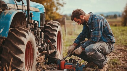 A farmer repairing a tractor with tools scattered around.