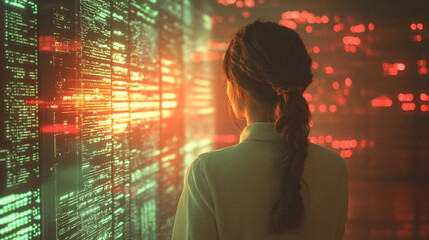 Fototapeta premium female businesswoman stands confidently with her back to the camera, immersed in a virtual cyber tech environment. The glowing screens and futuristic elements symbolize innovation and empowerment