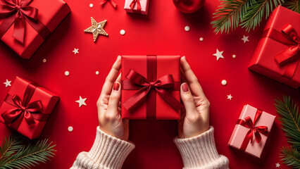 Woman's hands holding a gift box on a red background. Christmas gifts. Holiday mood. Flat lay, top view. Copy space