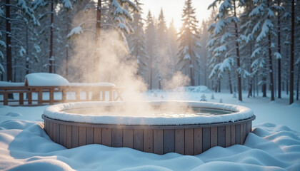 Steaming hot tub in snowy winter forest landscape