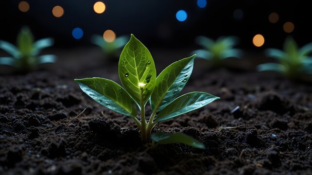 A small plant with three green leaves grows from the ground, set against a dark, futuristic background of interconnected lines and dots, blending nature and technology in a visually captivating design