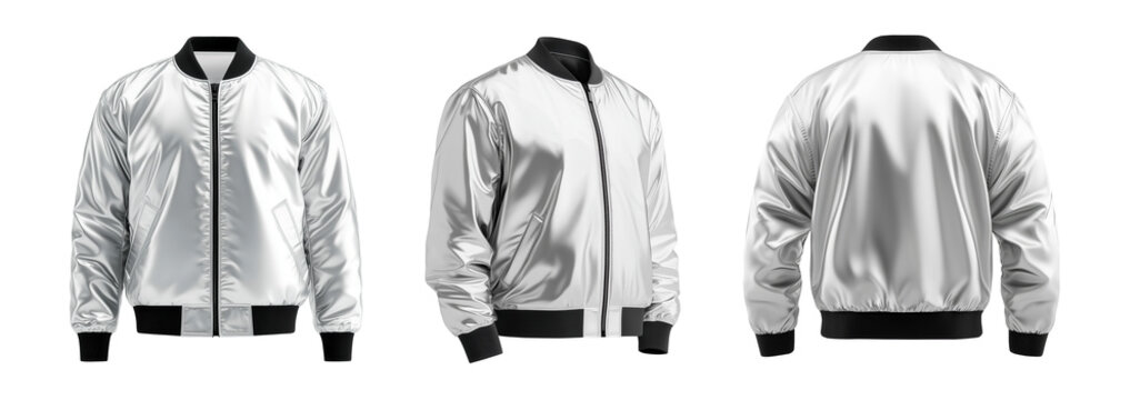 set of silver white bomber jacket. mockup.  Side view, back view, front view on white background