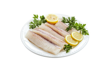Mackerel fillets arranged neatly on a white plate, with a few lemon slices and sprigs of parsley, creating a vibrant and appetizing display against a stark