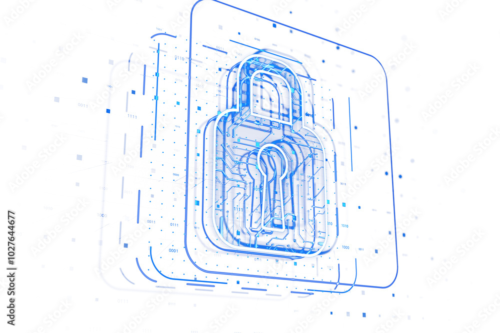 Poster glowing blue lock icon with circuitry, on white background. cybersecurity concept. 3d rendering