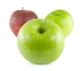 Green and red apple on white background