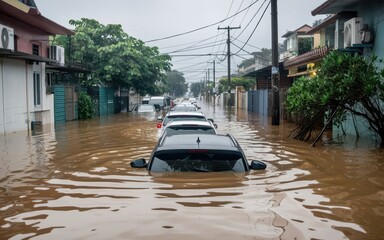  flooded city street with cars. Natural disasters. Flooding