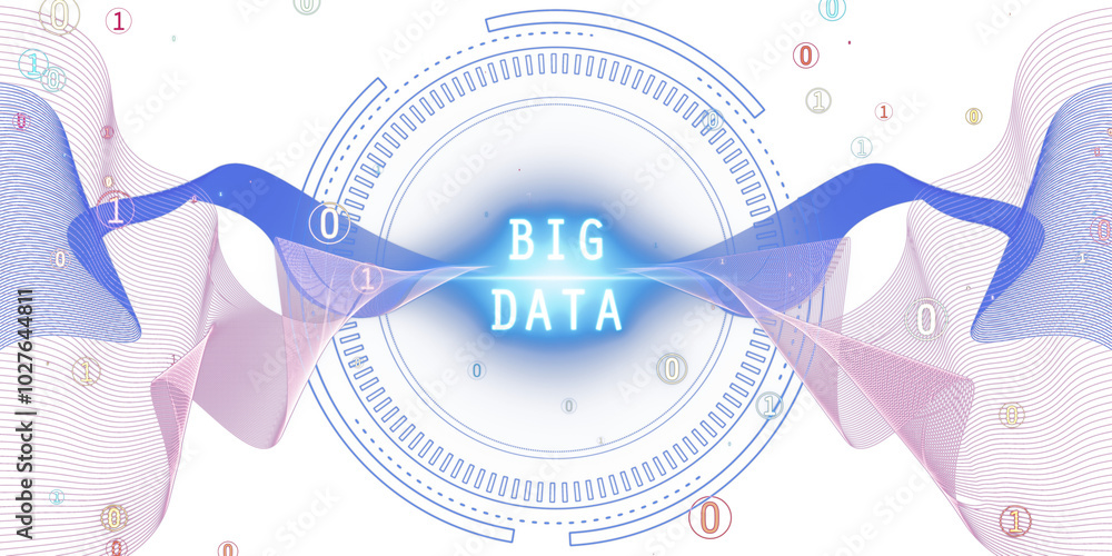 Poster Digital waves and binary code around Big Data text, white background, concept of data analysis. 3D Rendering